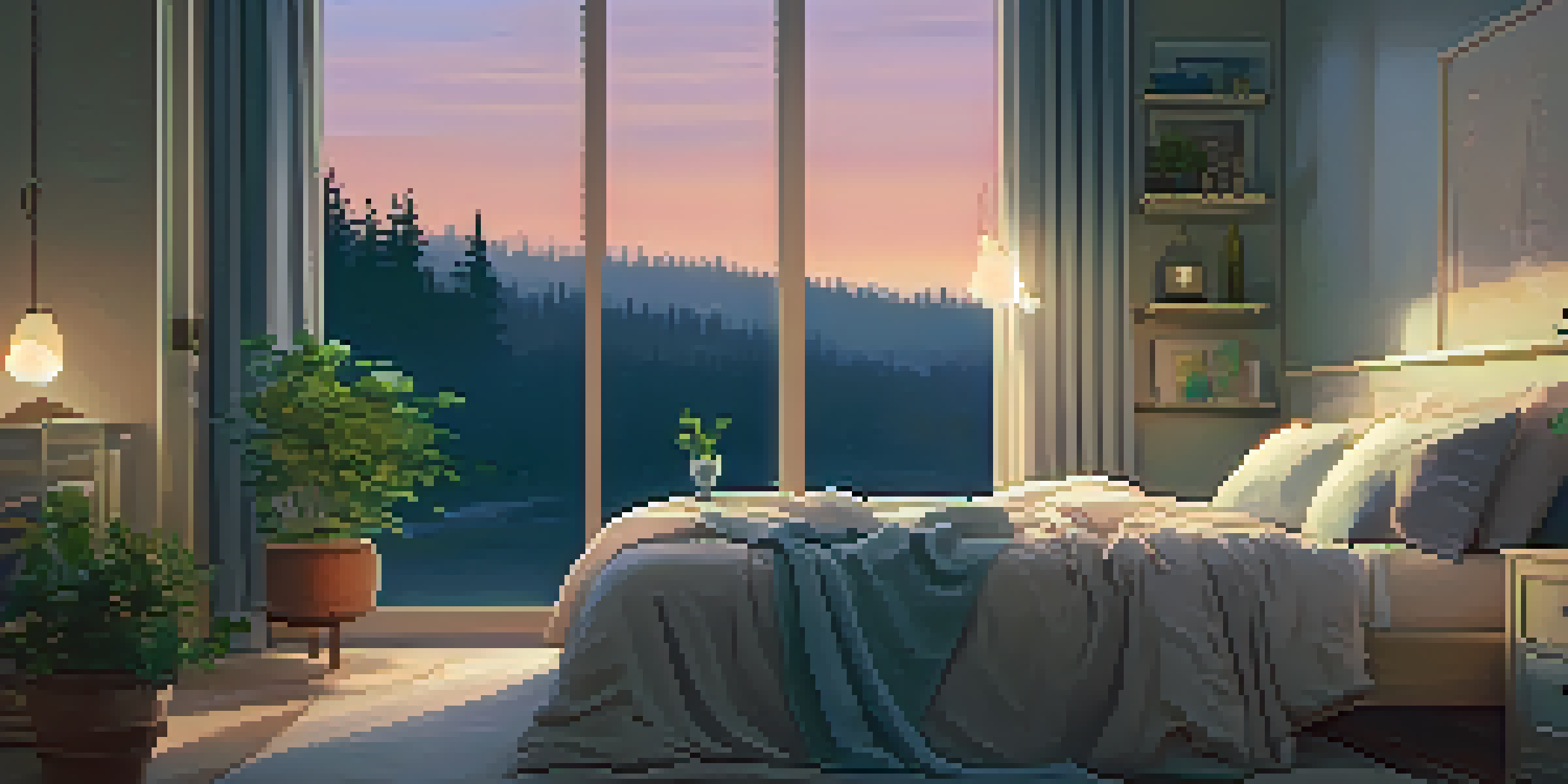 A cozy bedroom with warm lighting, a bed, a bedside table with a book, tea, and a plant, and a window showing a starry sky.