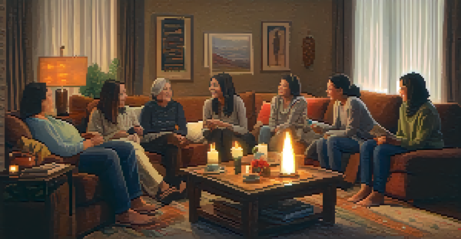 A family gathering in a cozy living room, sharing conversations and displaying empathy and understanding.