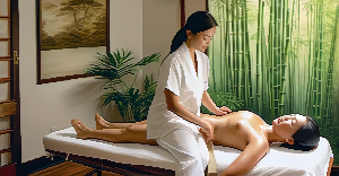A therapist performing Shiatsu massage on a client in a peaceful, softly lit room filled with bamboo plants.