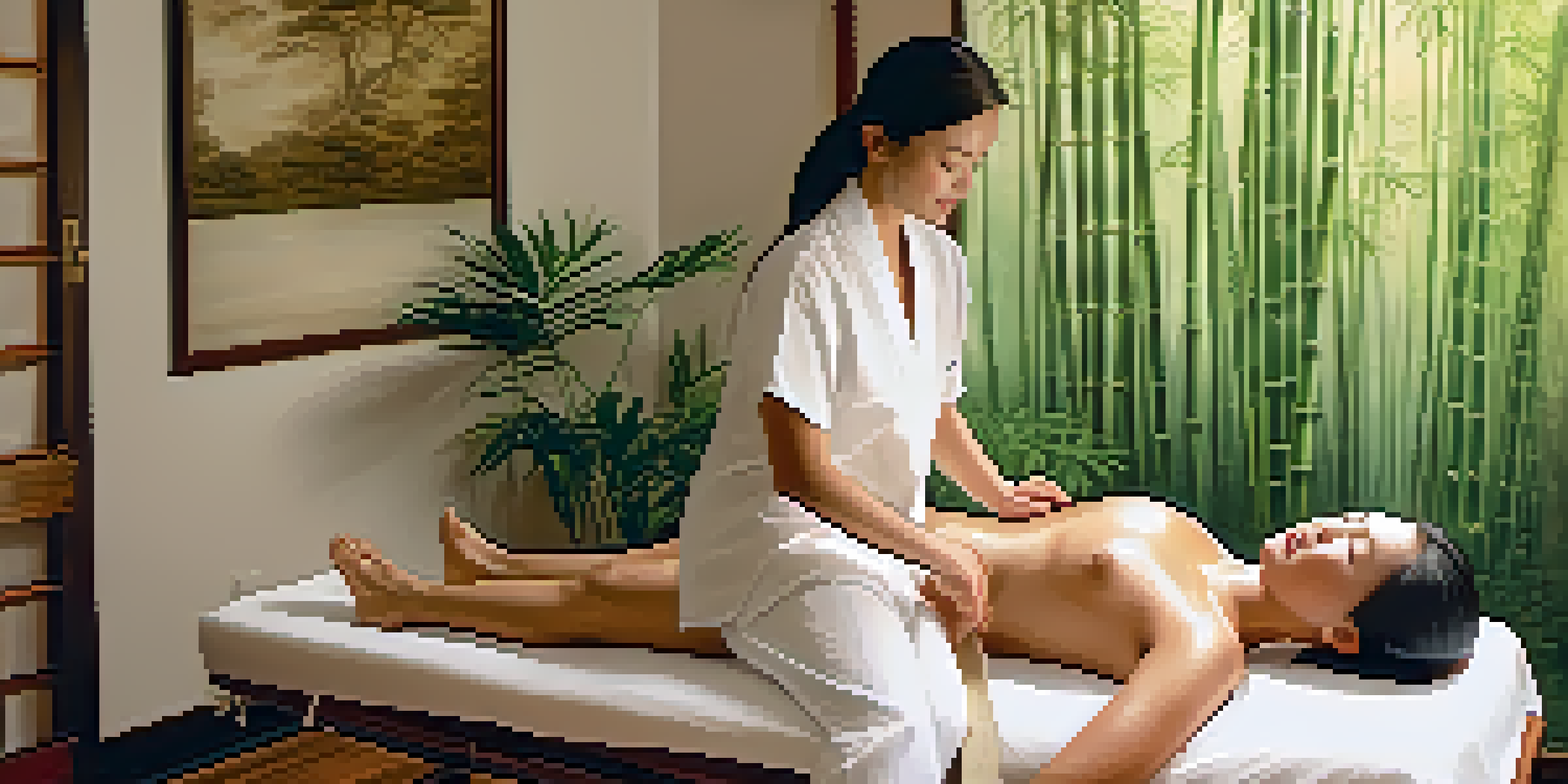 A therapist performing Shiatsu massage on a client in a peaceful, softly lit room filled with bamboo plants.