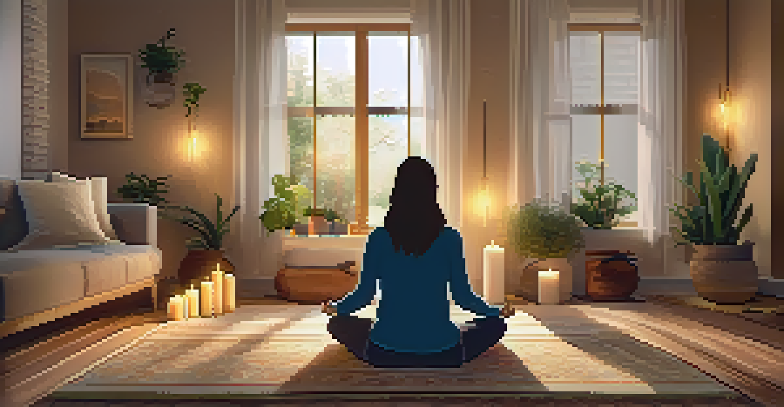 A person meditating in a cozy living room, surrounded by candles and cushions, creating a tranquil atmosphere.