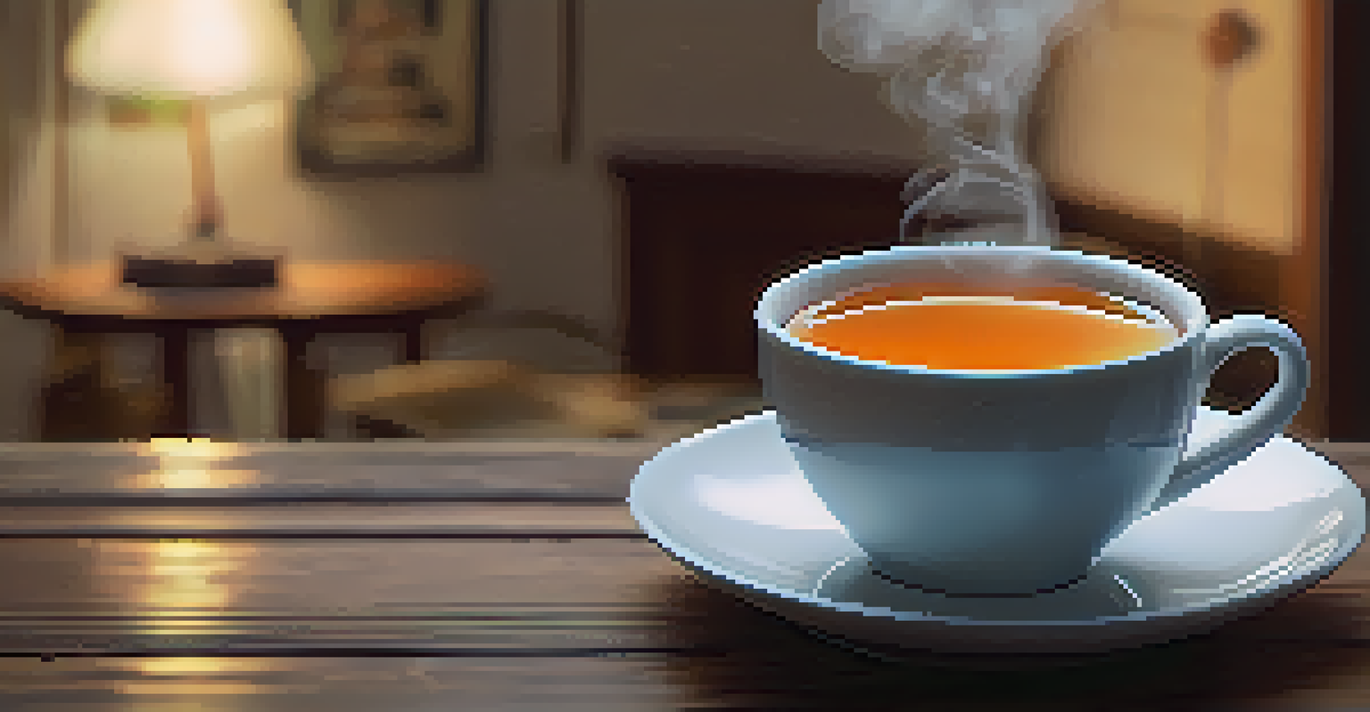 A close-up of a steaming cup of herbal tea on a wooden table, with melatonin supplements nearby in a calming setting.