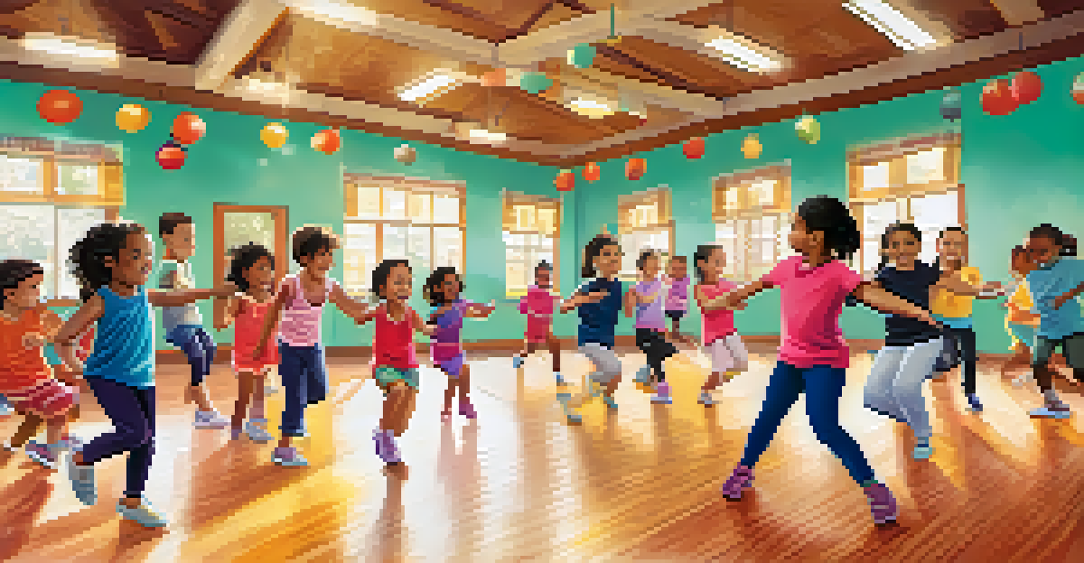 Children joyfully participating in a dance fitness class in a colorful community center, led by an enthusiastic instructor.
