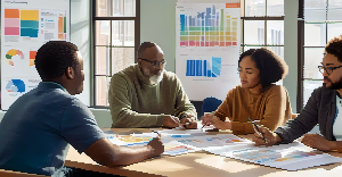 A diverse group of people discussing health data in a community center, highlighting collaboration and engagement.
