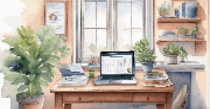 A bright home office with a laptop displaying a digital health information plan, surrounded by organized health documents and a potted plant.