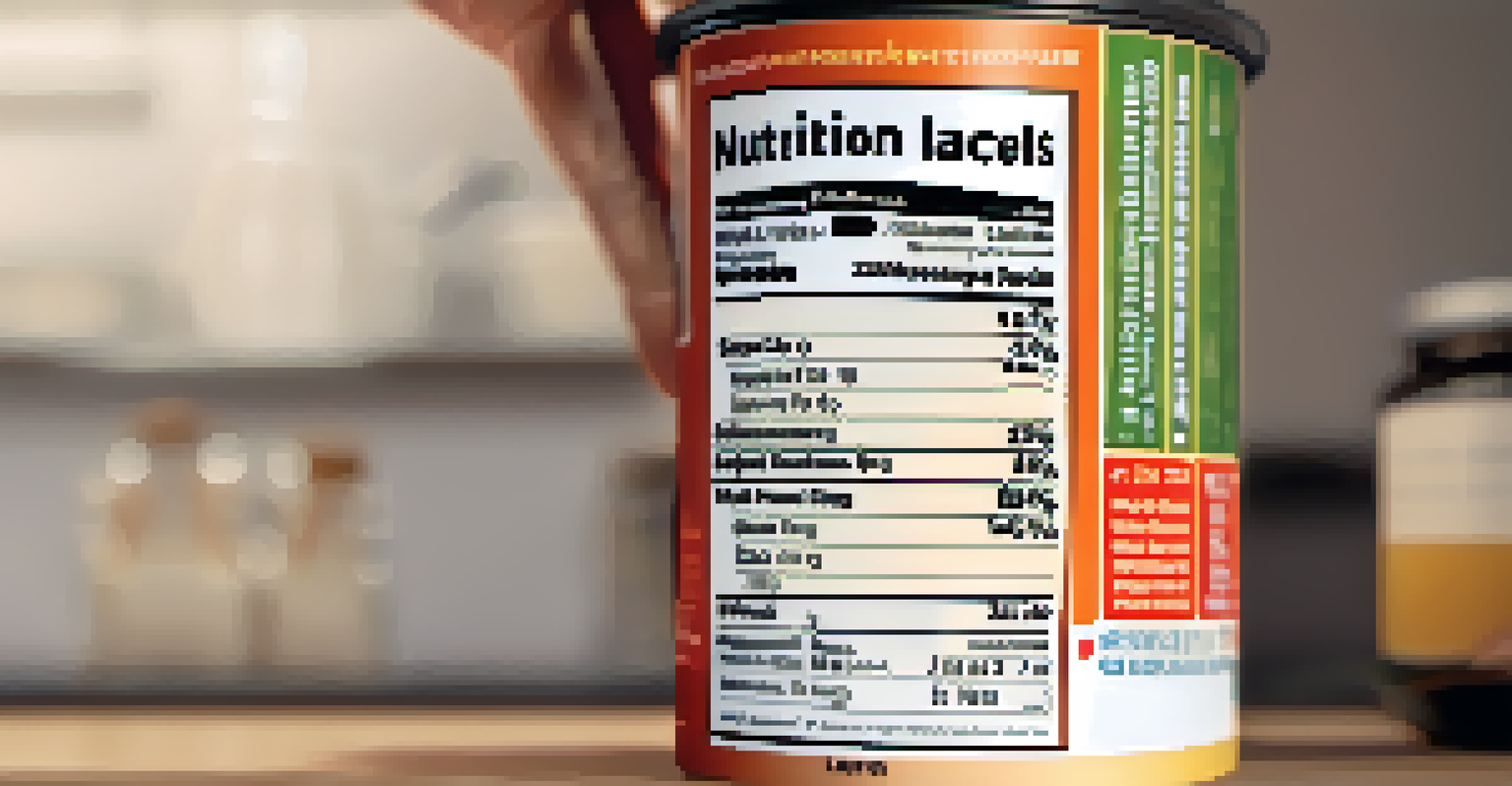 A close-up of a nutrition label with a hand pointing to the added sugars section, set in a cozy kitchen.