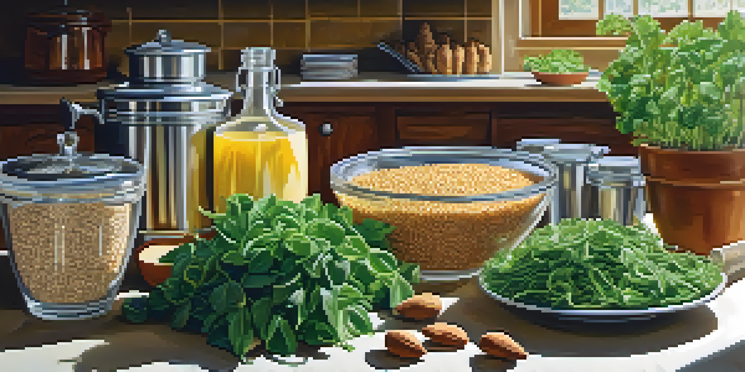 A wooden table in a kitchen filled with magnesium-rich foods like leafy greens, almonds, and seeds, with soft warm lighting and a blurred background of herbs.