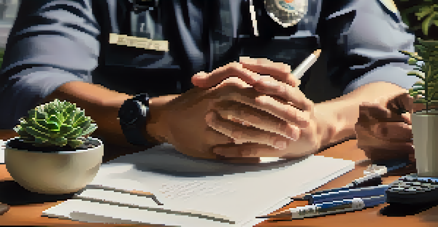 Close-up of a crisis responder's hands practicing mindfulness, surrounded by stress management tools on a desk.
