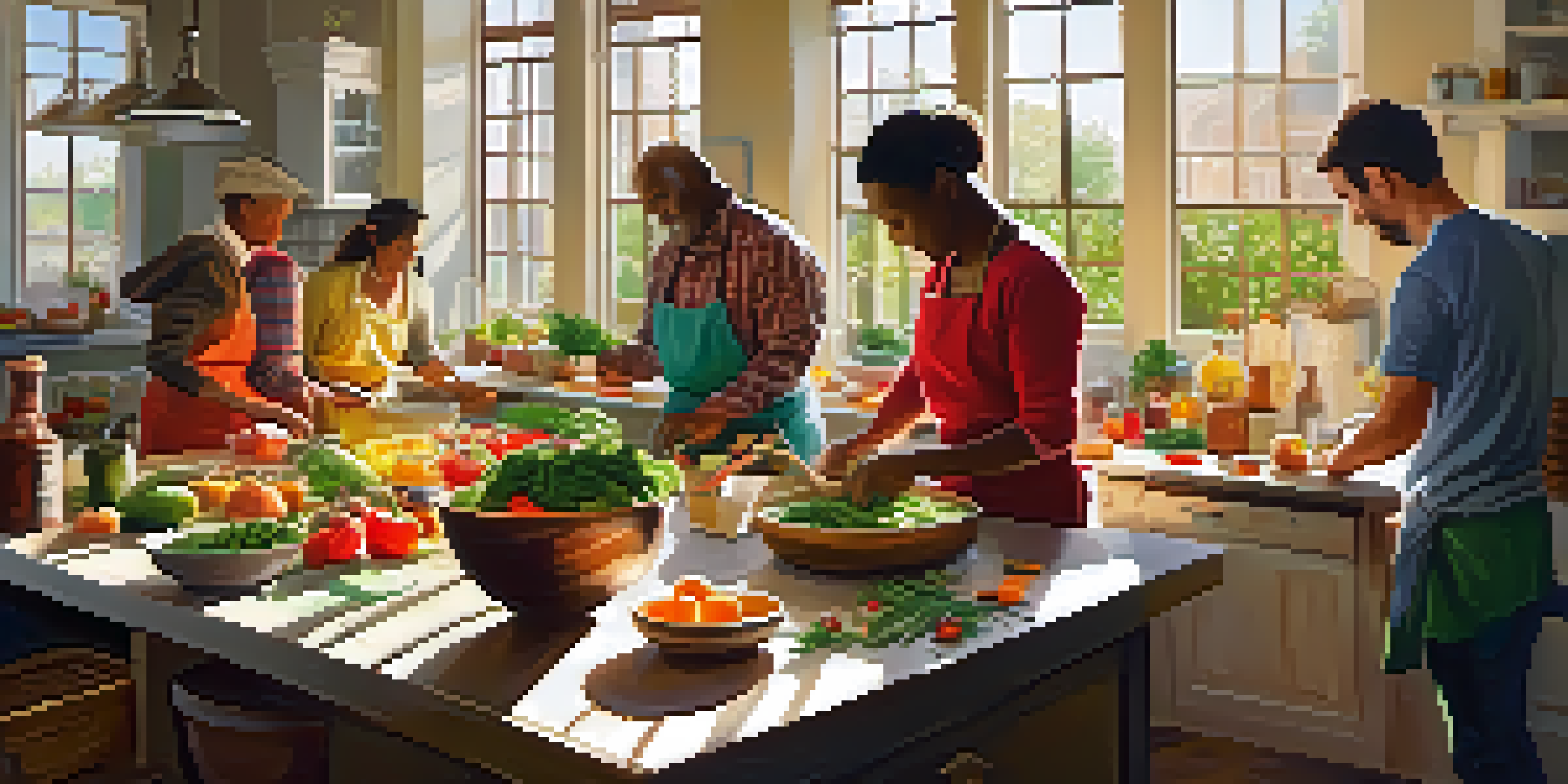 A diverse group of individuals happily participating in a cooking workshop in a bright kitchen filled with fresh vegetables and fruits.