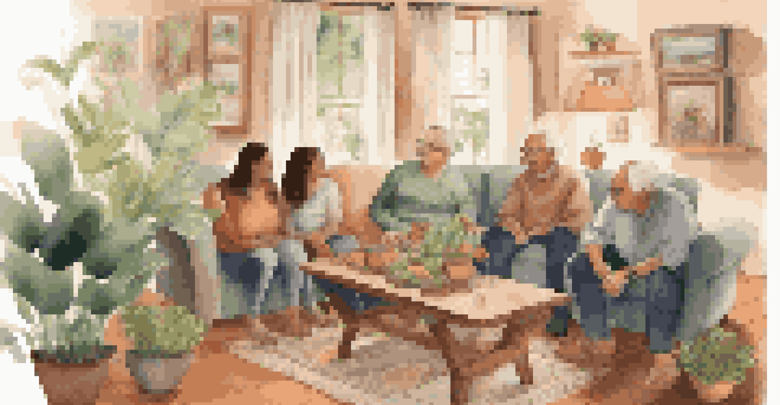 A family sitting together in a cozy living room discussing mental health support.