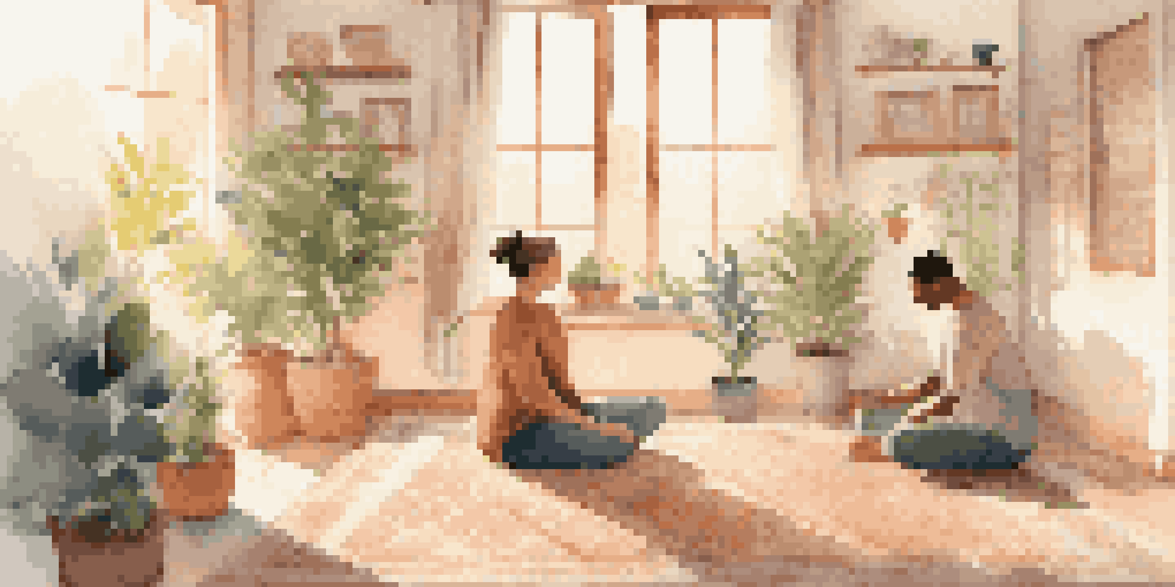 A family practicing mindfulness together in a cozy corner filled with cushions and plants, with sunlight filtering through the window.