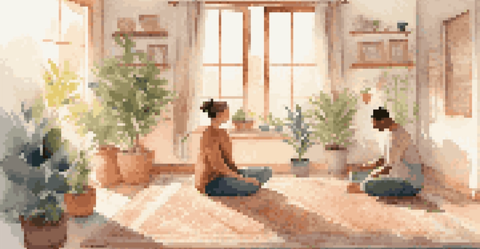 A family practicing mindfulness together in a cozy corner filled with cushions and plants, with sunlight filtering through the window.