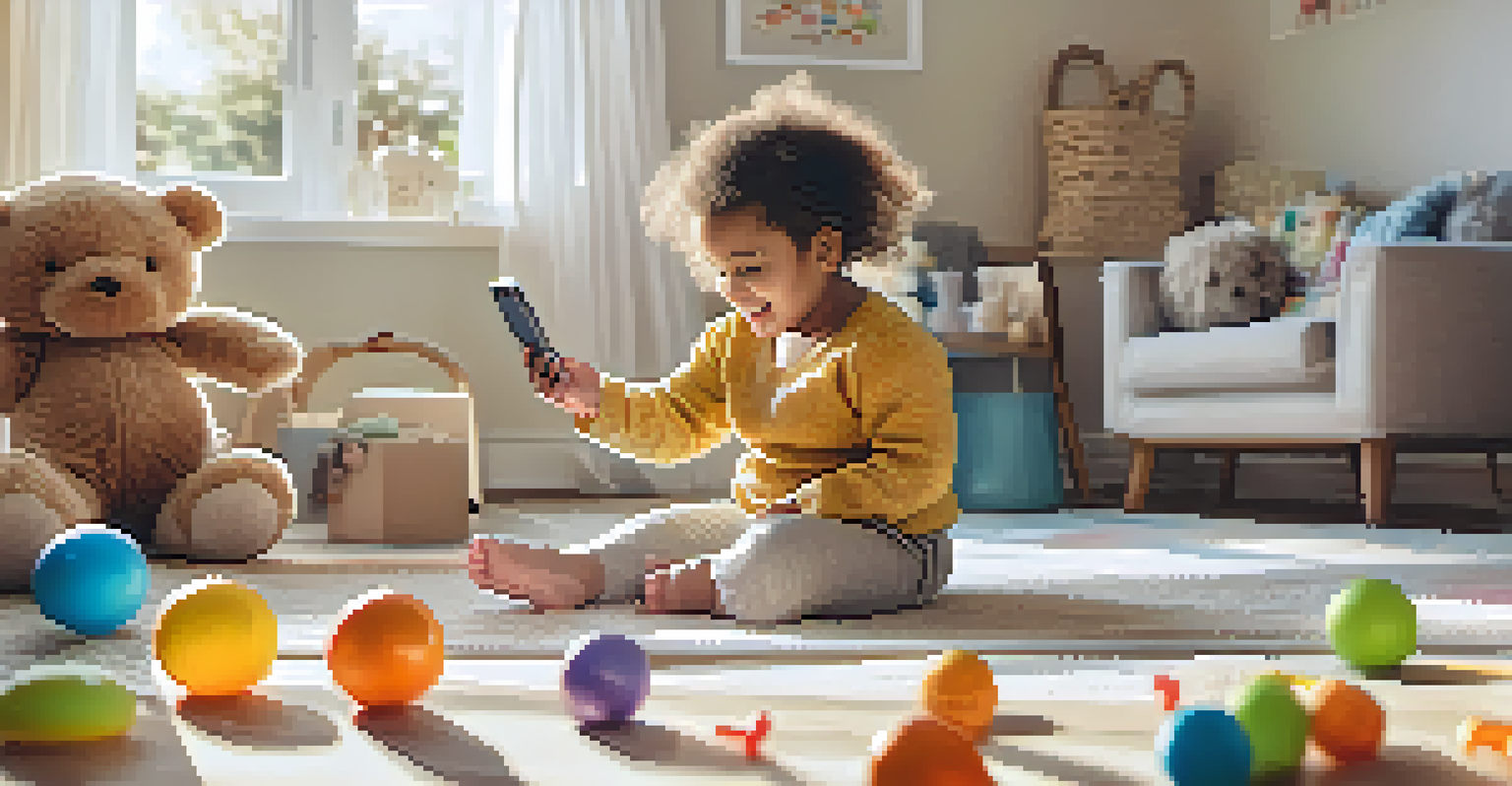 A mother engaging with a smartphone app for tracking her child's milestones, surrounded by toys in a sunny room.