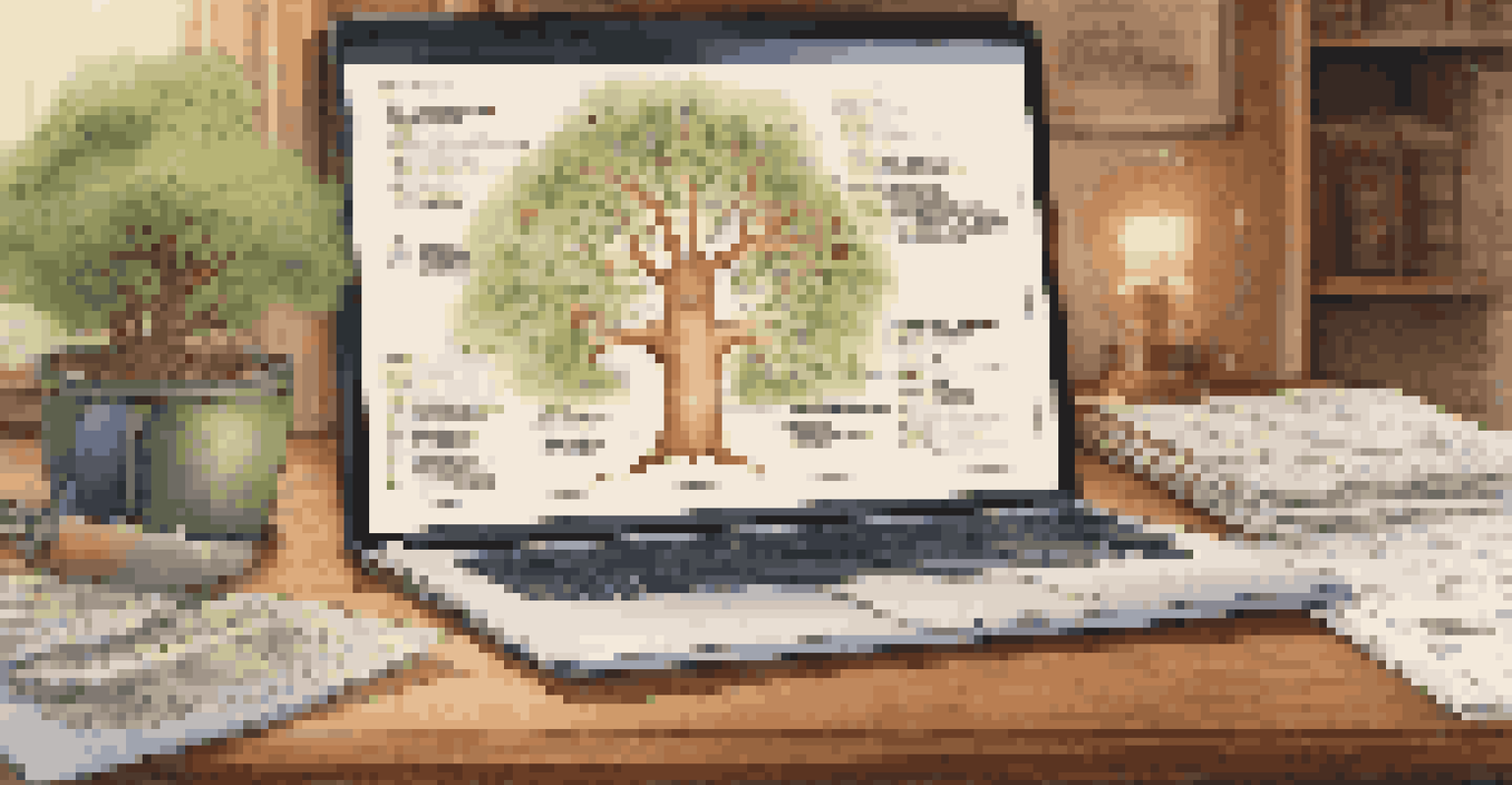 A close-up of a family tree diagram on a wooden table, surrounded by medical records and a laptop in a cozy home office.