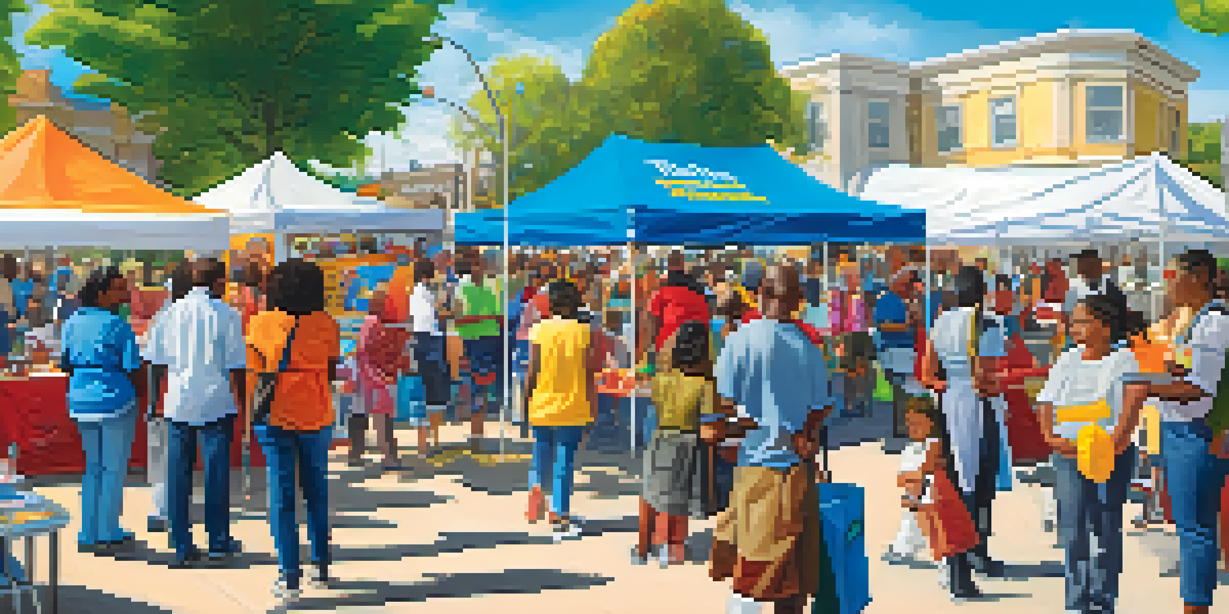 A lively community health fair with diverse participants engaging in health activities, colorful booths, and banners promoting health awareness.