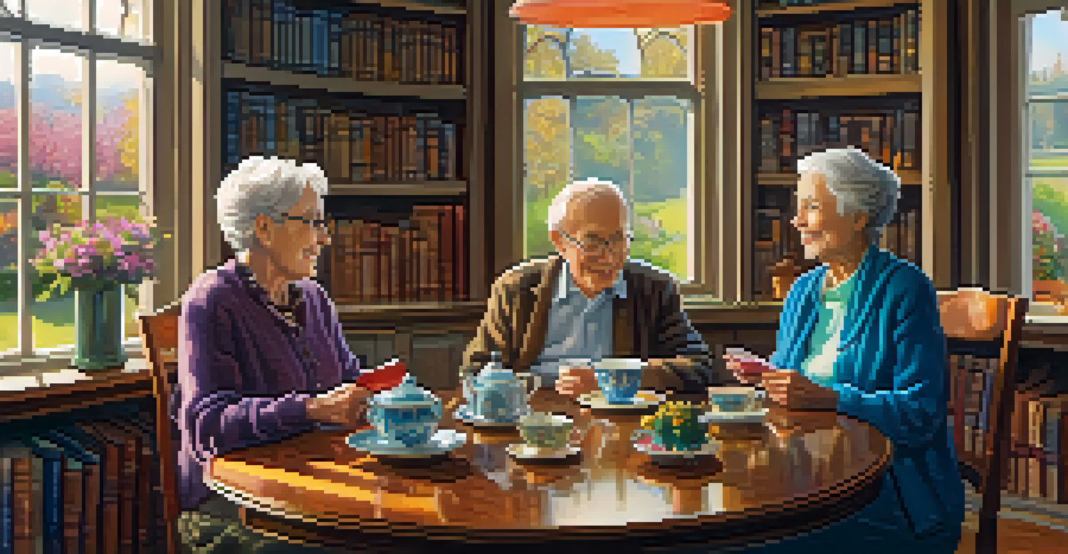 Two elderly friends sitting at a table with tea, smiling and talking, surrounded by bookshelves and a view of a blooming garden.