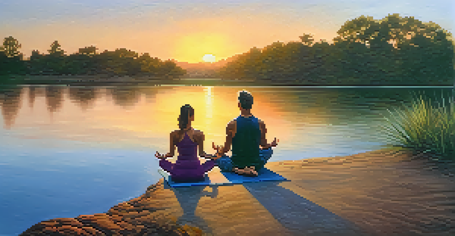 A wellness coach leading a yoga session with a client at sunrise by a lake.
