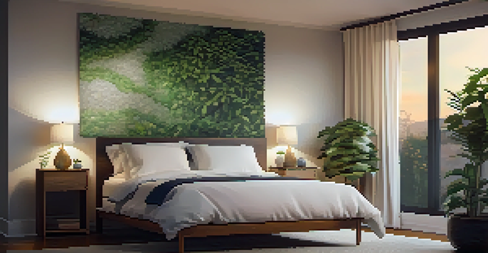 A peaceful bedroom scene with a cozy bed, blackout curtains, and soft lighting, designed to promote restful sleep.