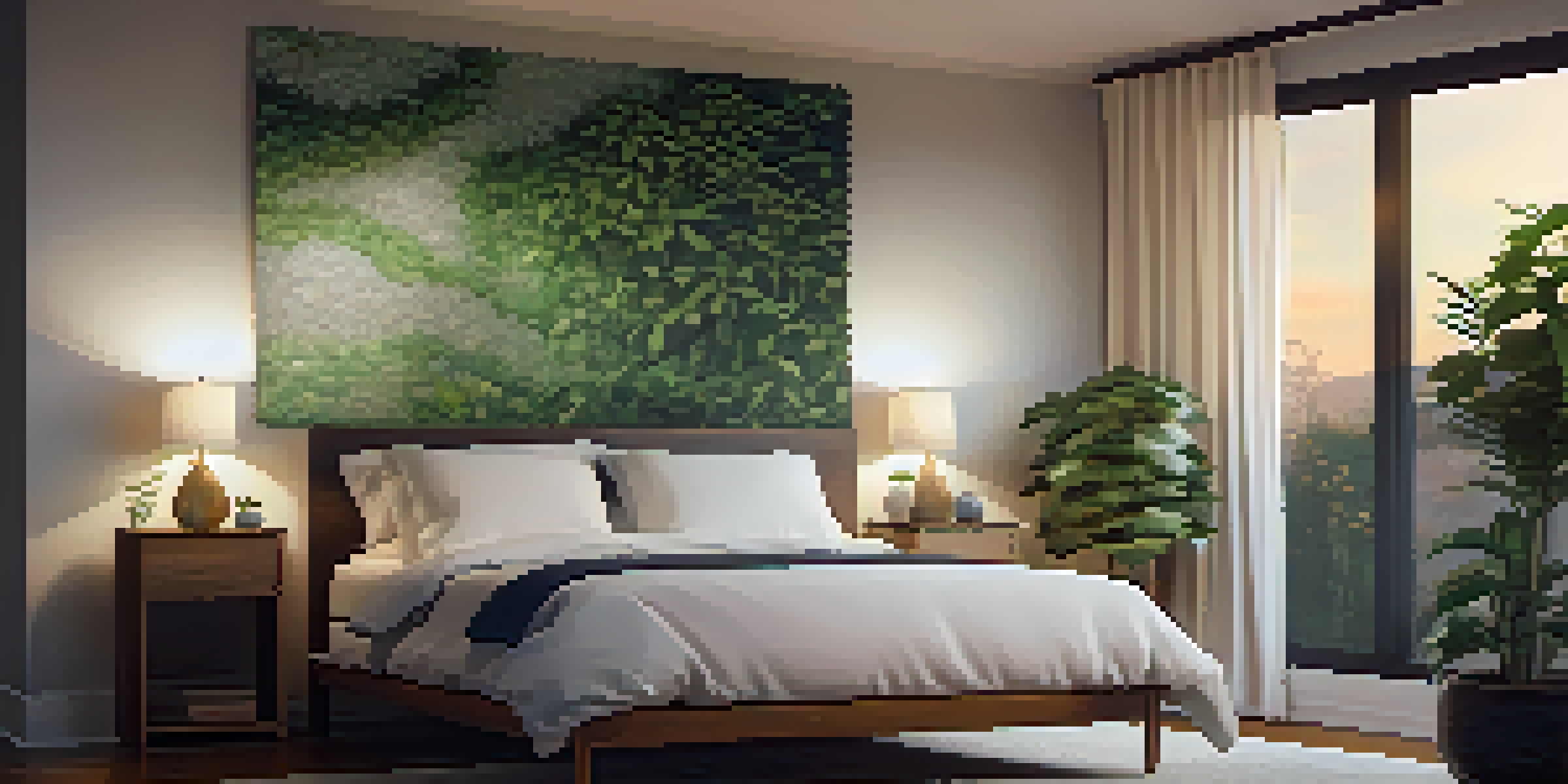 A peaceful bedroom scene with a cozy bed, blackout curtains, and soft lighting, designed to promote restful sleep.