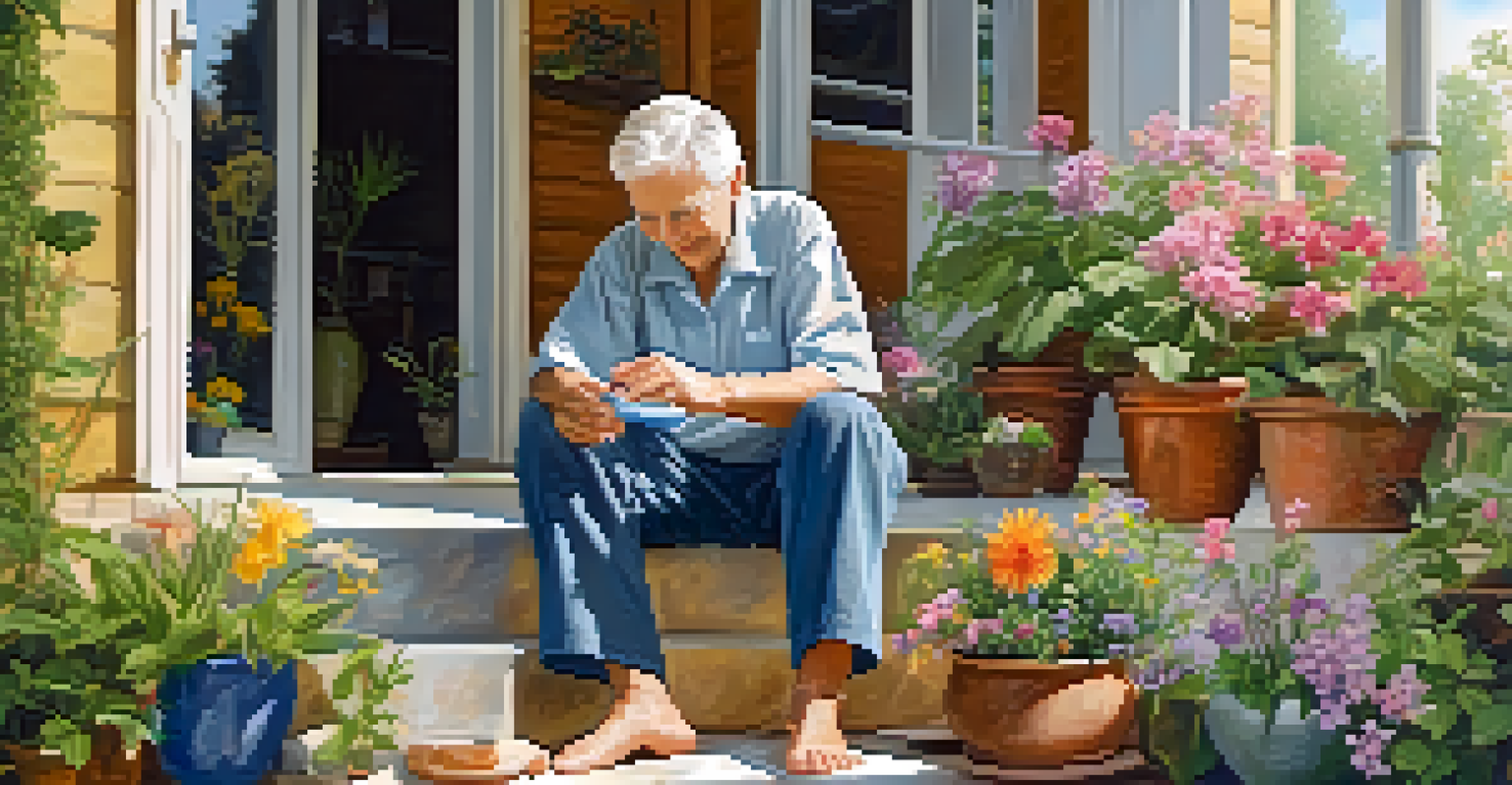 An elderly person washing their feet on a porch, surrounded by plants, emphasizing a foot care routine.