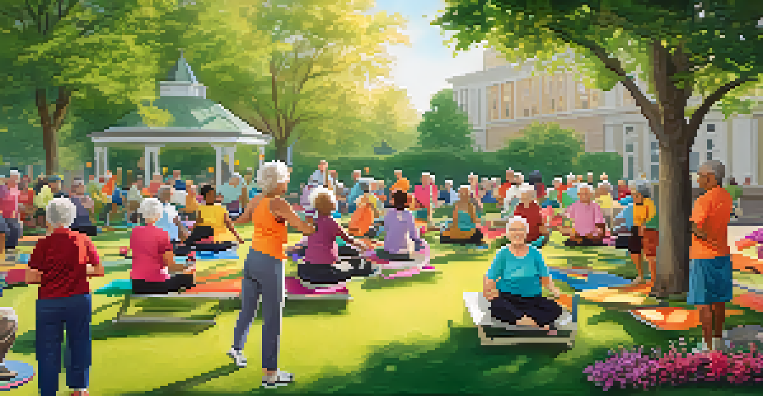 Seniors participating in a group exercise class in a vibrant park, surrounded by greenery and flowers.