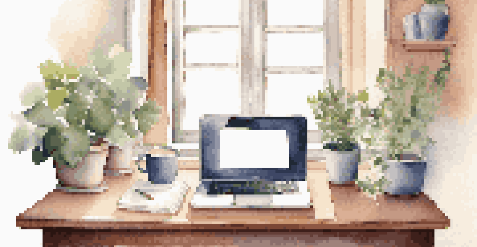 A tranquil workspace with a laptop, notebook, candle, and plant, illuminated by soft natural light.