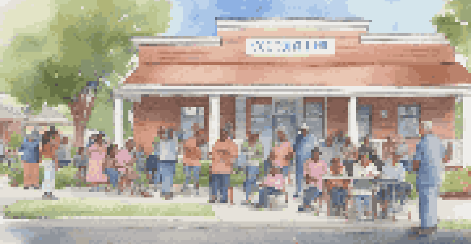 A community vaccination event at a neighborhood center, with volunteers assisting people and a welcoming banner overhead, showcasing local culture.