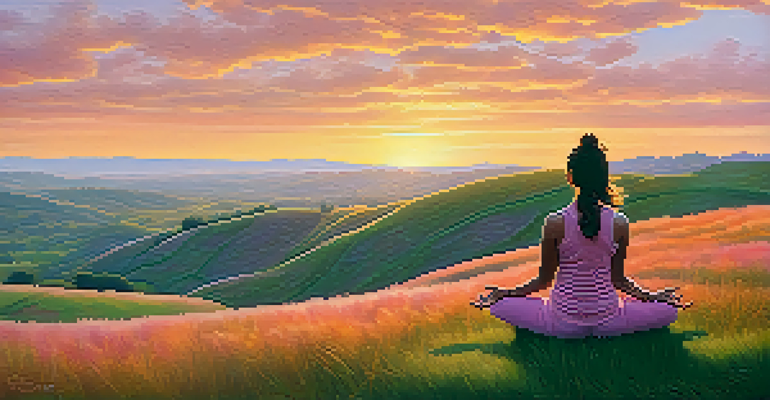 A person practicing yoga on a grassy hillside at sunset, surrounded by a picturesque landscape of rolling hills and a colorful sky.