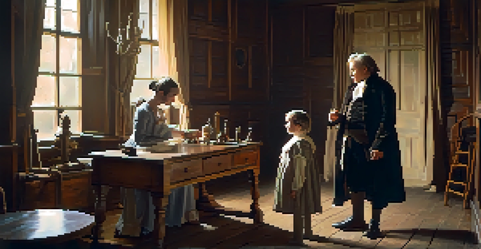 An illustration of Edward Jenner giving the first smallpox vaccine in a rustic setting, showing a child and period decor.