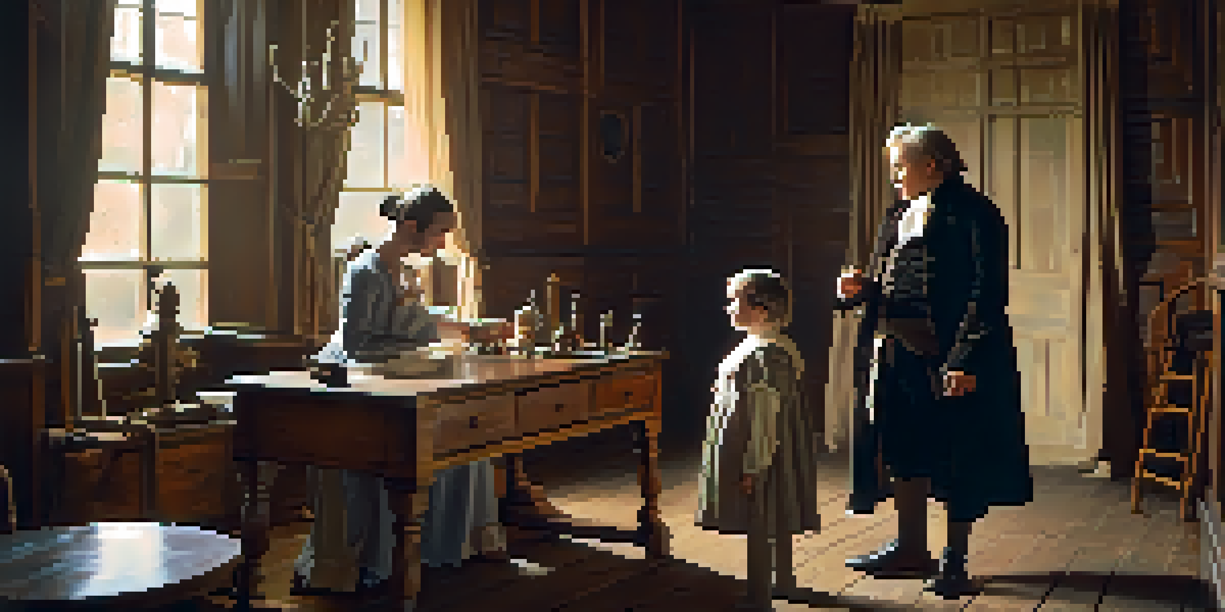 An illustration of Edward Jenner giving the first smallpox vaccine in a rustic setting, showing a child and period decor.