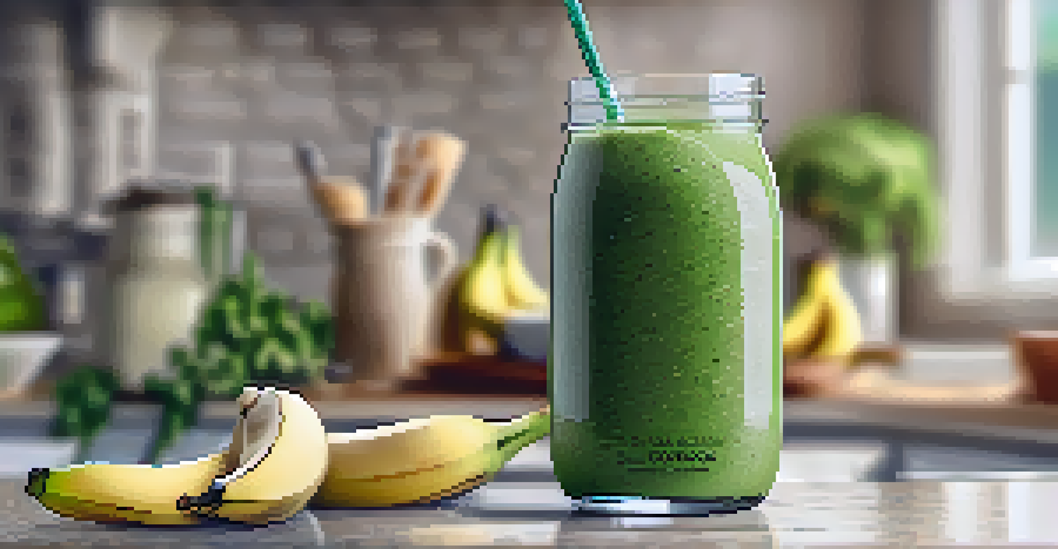 A refreshing green smoothie in a glass, topped with banana and chia seeds, with a blurred kitchen background.