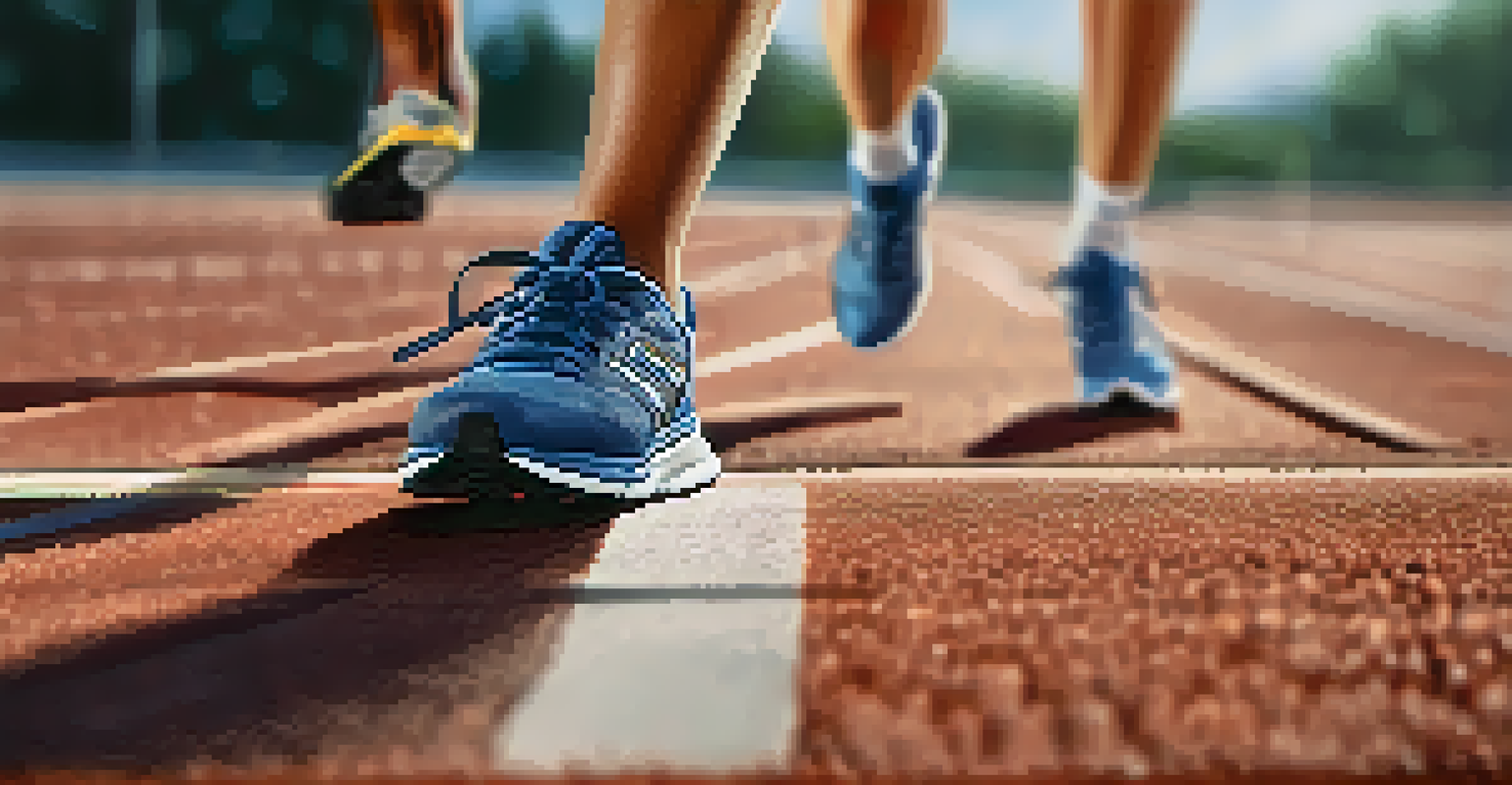 Close-up of running shoes on a track with a runner blurred in the background, showcasing the texture and vibrant colors of the shoes.