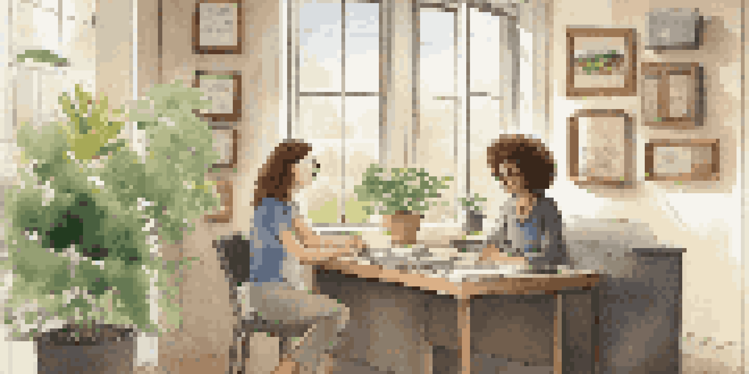 A health coach listening to a client in a cozy office, with natural light and healthy snacks on the table.