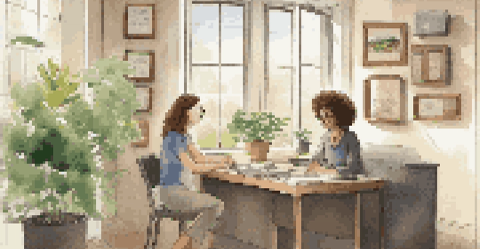 A health coach listening to a client in a cozy office, with natural light and healthy snacks on the table.