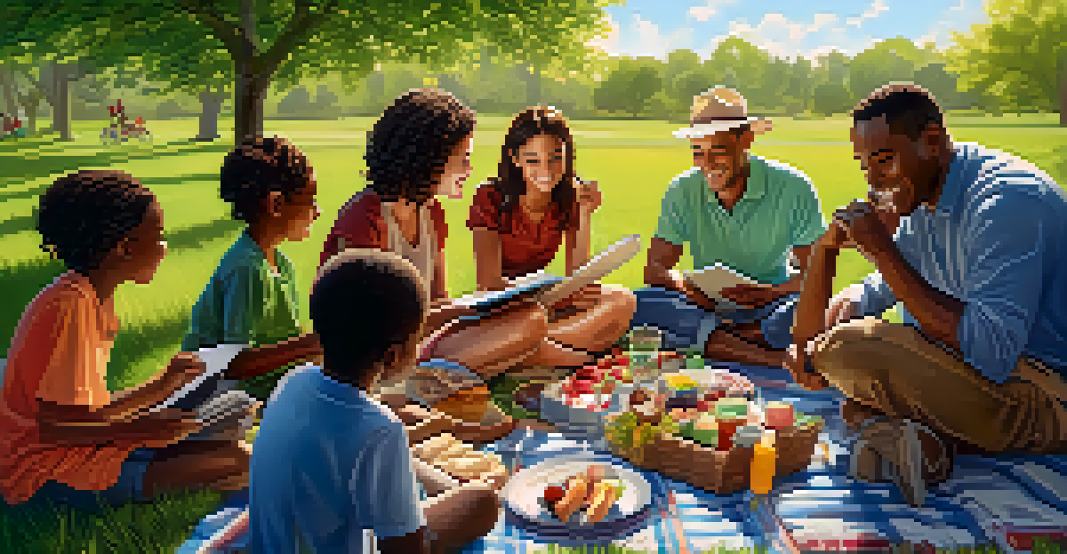 A diverse family enjoying a picnic in nature while discussing health conditions, with one person taking notes.