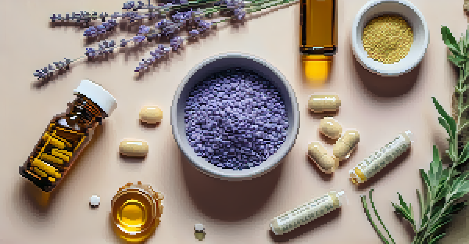 Flat lay of herbal supplements including L-Theanine, surrounded by lavender and honey, on a soft pastel background.