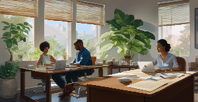 A peaceful office scene with employees practicing mindfulness, including meditation, journaling, and stretching, bathed in soft natural light.