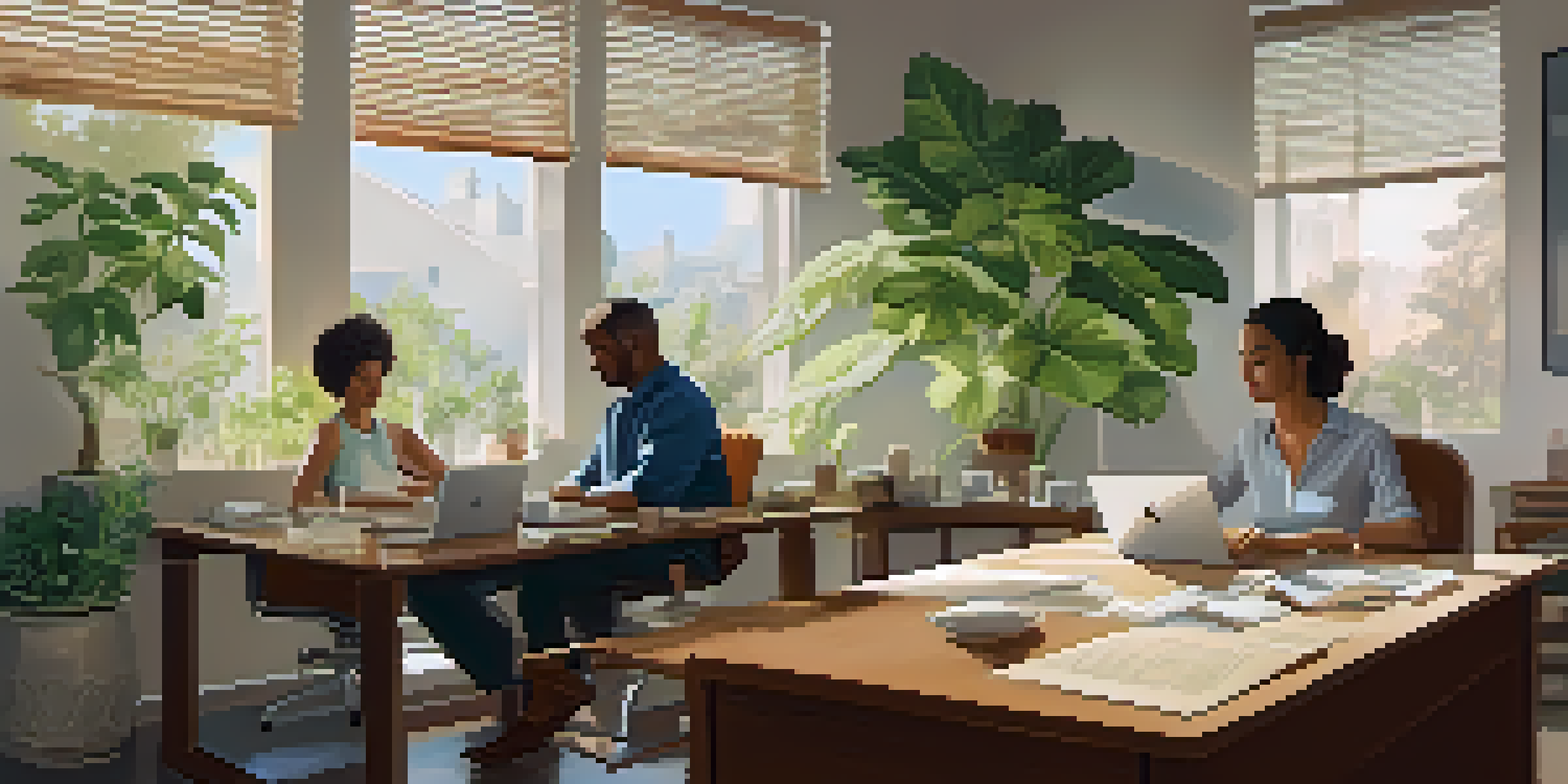 A peaceful office scene with employees practicing mindfulness, including meditation, journaling, and stretching, bathed in soft natural light.