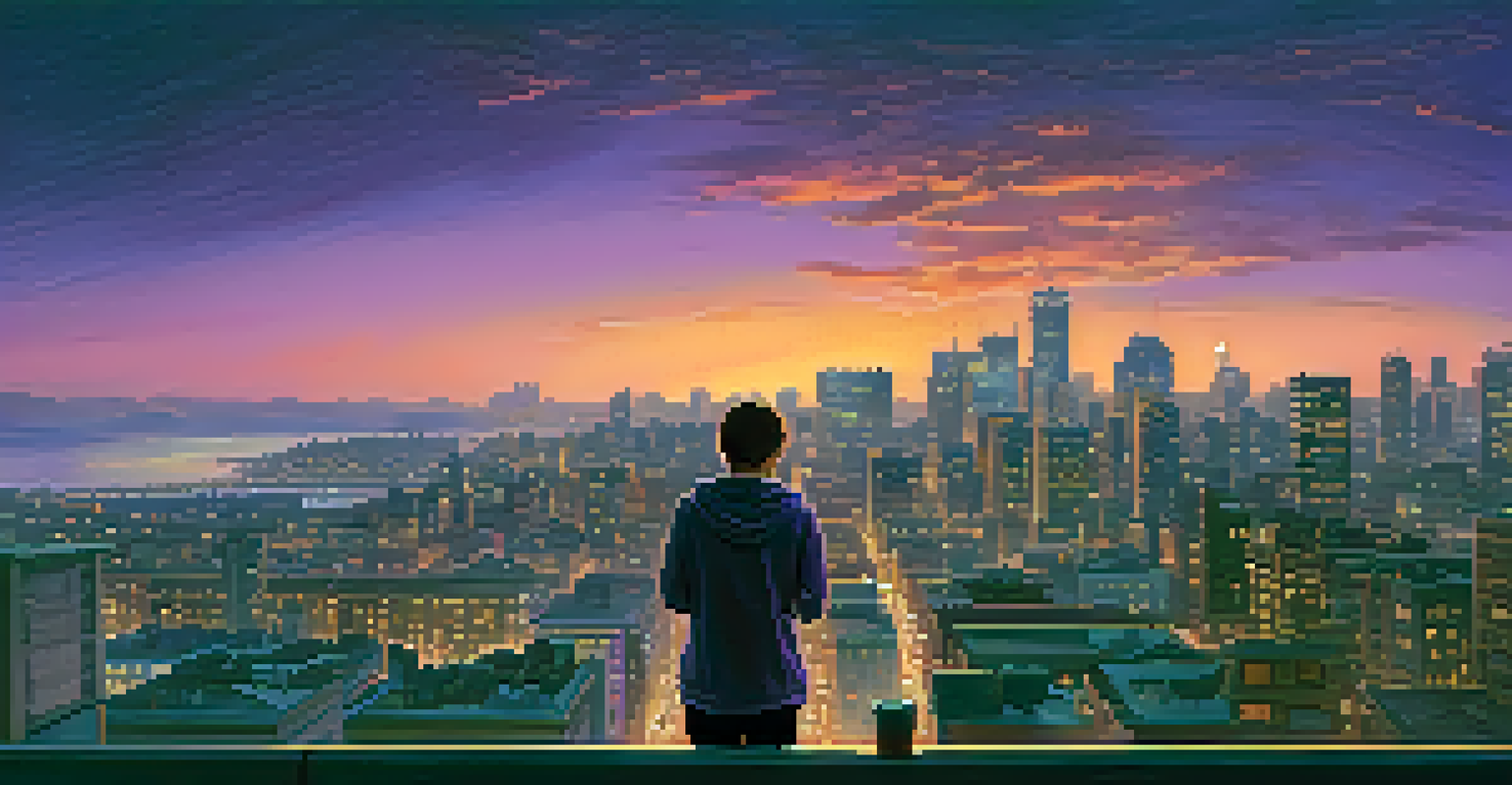 An individual on a balcony overlooking a city skyline at dusk, holding a smartphone and contemplating.