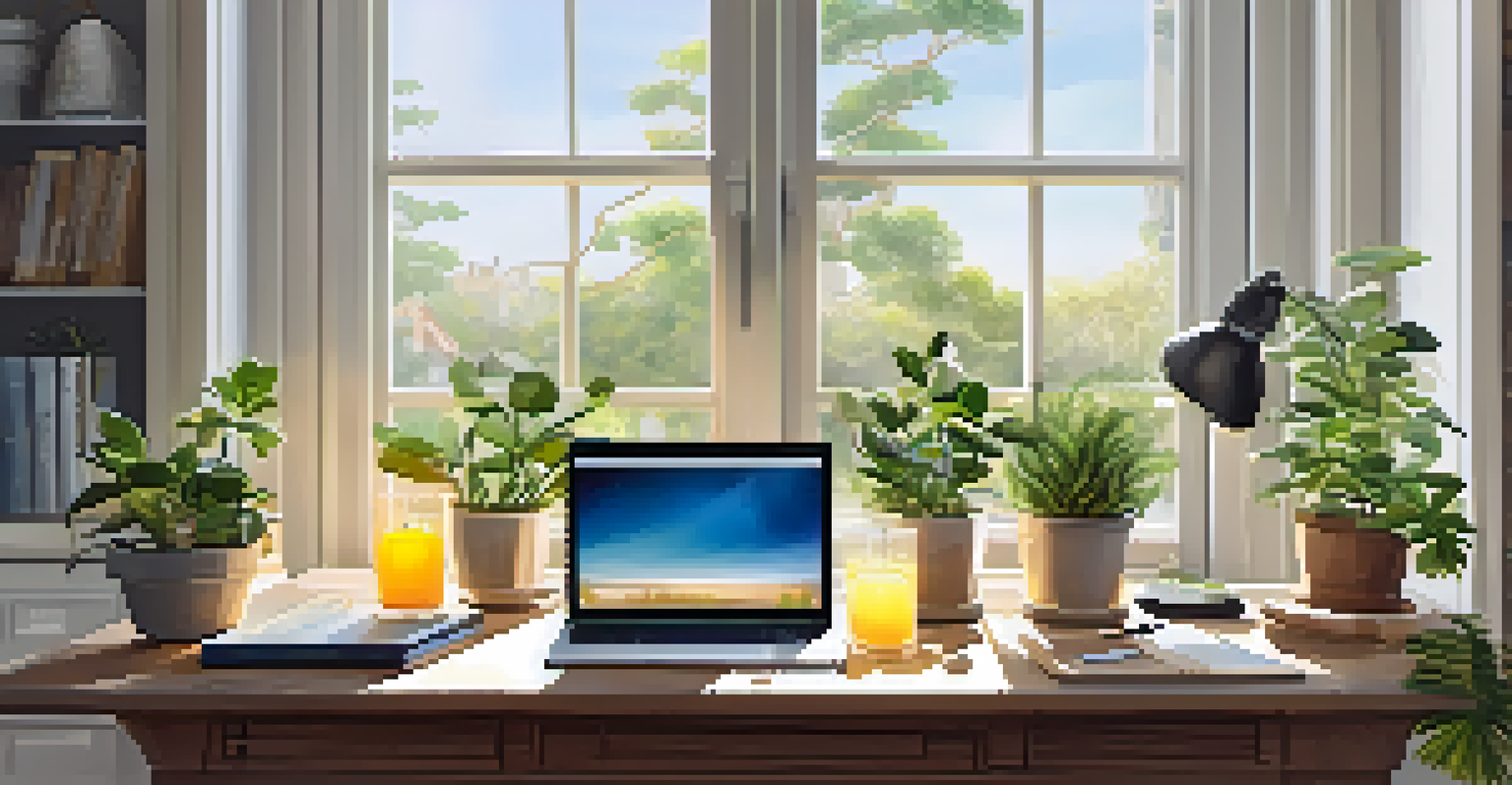 A home office with a stylish desk, laptop, and a diffuser releasing lemon oil, filled with sunlight and plants.