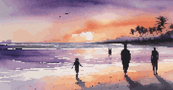 A couple walking hand in hand on a beach at sunset, with vibrant colors in the sky and gentle waves.