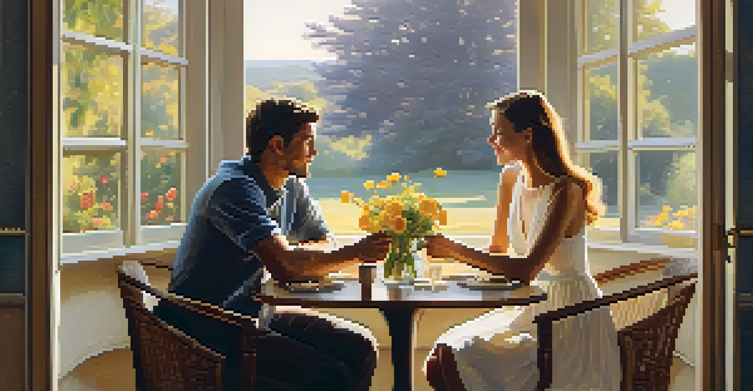 A couple having a deep conversation at a table with tea and flowers, illuminated by soft light.