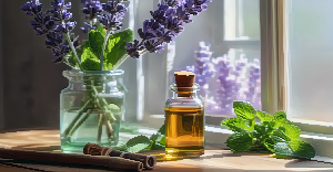 A wooden table with essential oils, lavender flowers, mint leaves, and a diffuser emitting steam, illuminated by soft sunlight.