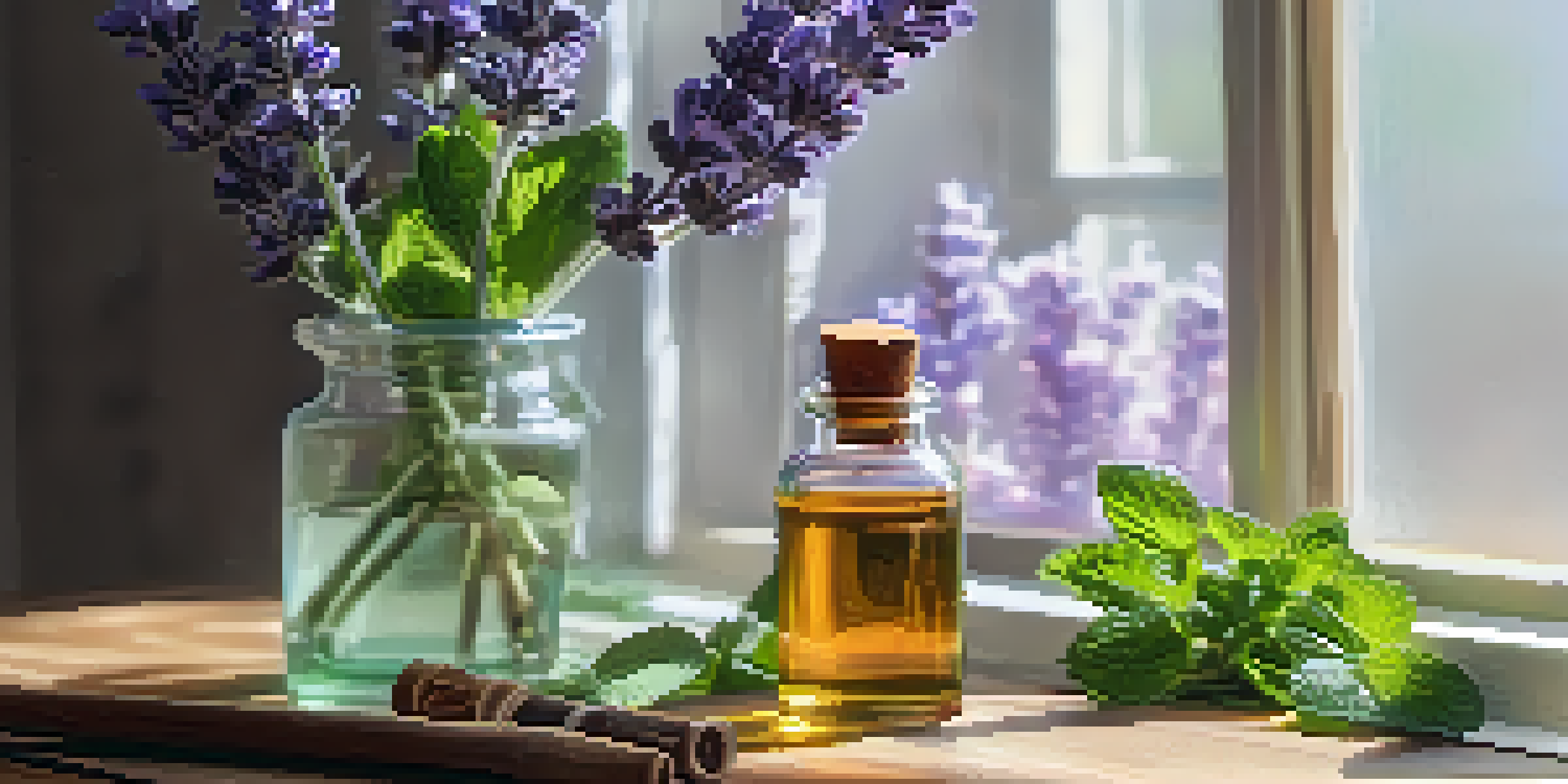 A wooden table with essential oils, lavender flowers, mint leaves, and a diffuser emitting steam, illuminated by soft sunlight.