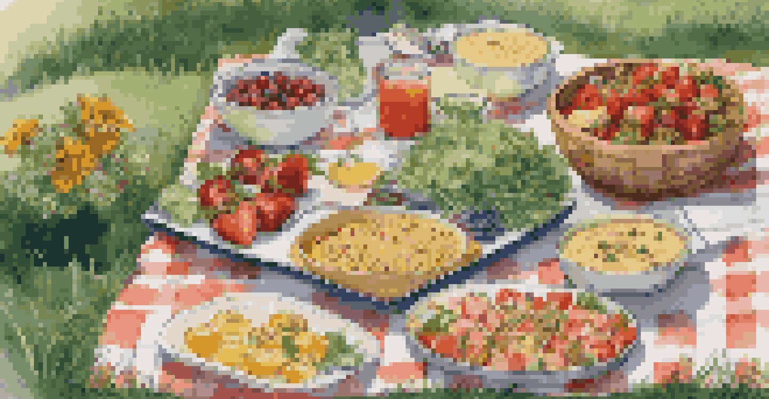 A picnic setting with a spread of plant-based dishes like quinoa salad and hummus on a checkered blanket in a green park, surrounded by trees and flowers.