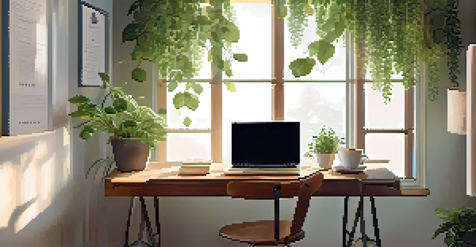 A calm workspace with a wooden desk, laptop, green plants, and a steaming cup of coffee, illuminated by soft natural light.