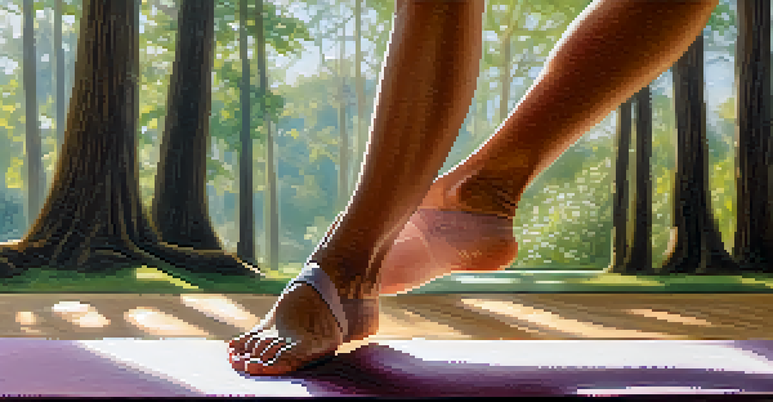 A close-up view of an athlete's feet in a yoga pose on a textured mat, with a tranquil outdoor setting in soft focus behind.