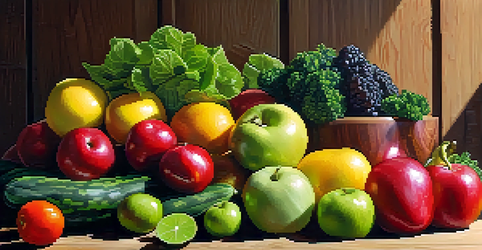 A colorful assortment of fresh fruits and vegetables on a wooden table, illuminated by natural sunlight.