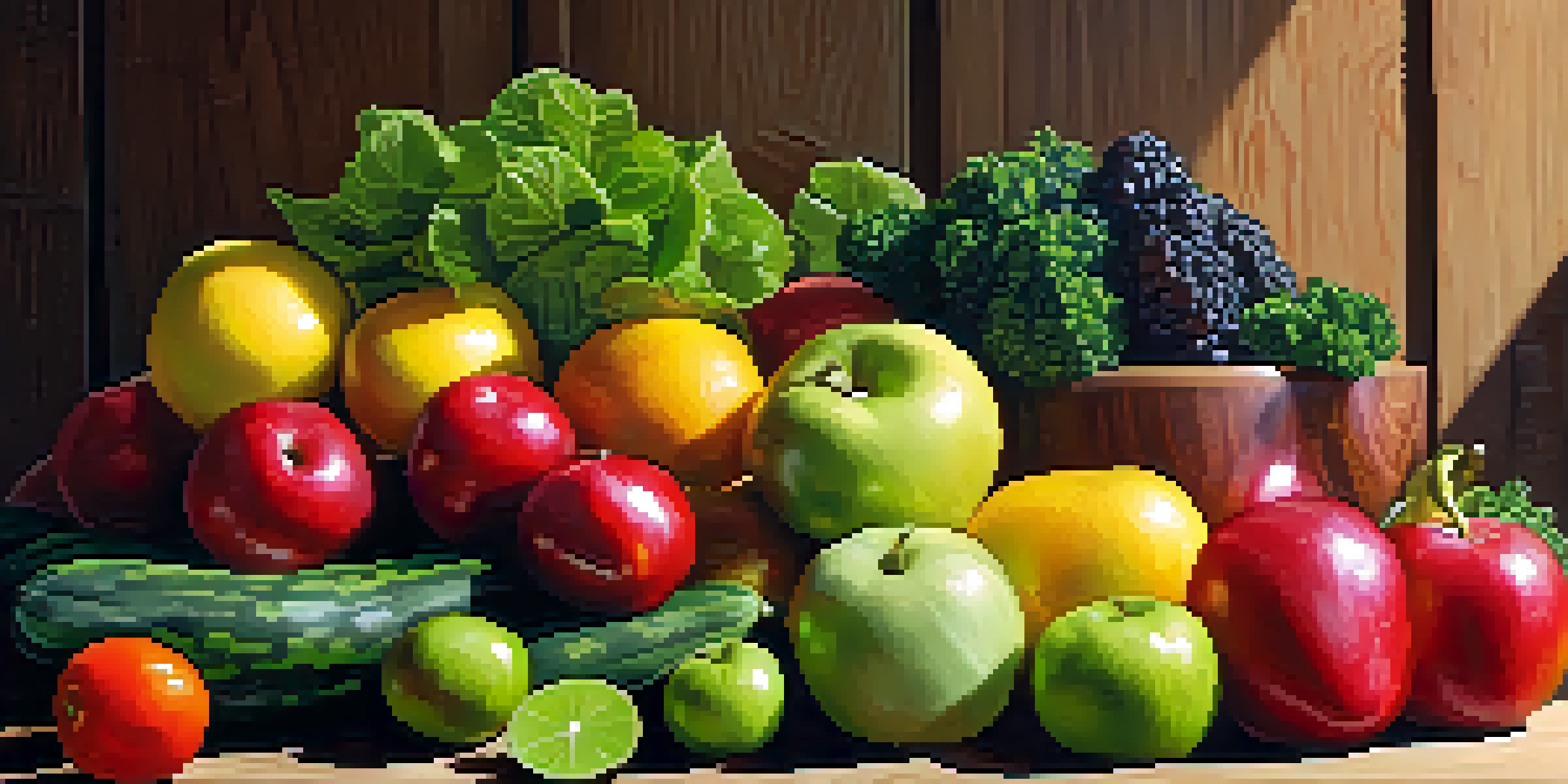 A colorful assortment of fresh fruits and vegetables on a wooden table, illuminated by natural sunlight.
