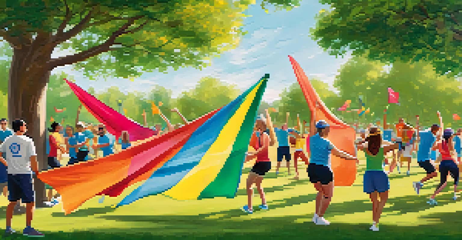 Employees engaging in a fitness challenge outdoors in a park, with colorful banners and a clear blue sky.